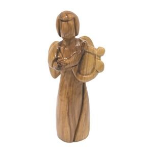 Olive Wood Hand-Carved Angel Playing Harp Made In Bethlehem Holy Land Minimalist